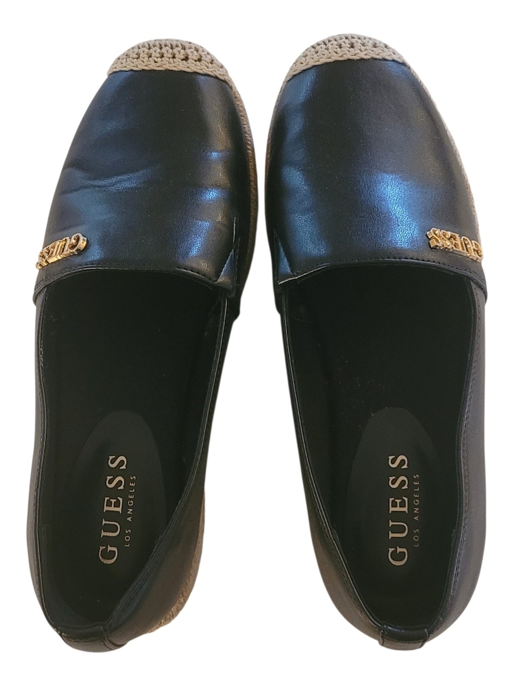 Guess Black Leather Espadrille Slip-Ons with Gold Logo